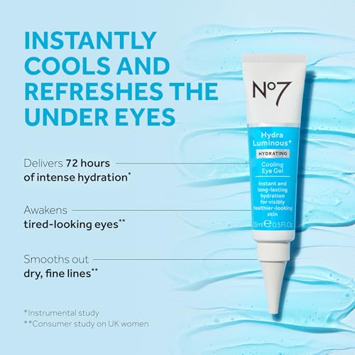 No7 HydraLuminous+ Cooling Under Eye Gel - Hydrating Eye Gel to Smooth Dry, Fine Lines with Hyaluronic Acid & Vitamin B3 Niacinamide - Reveals Visibly Healthier-Looking Skin (0.5 Fl Oz)