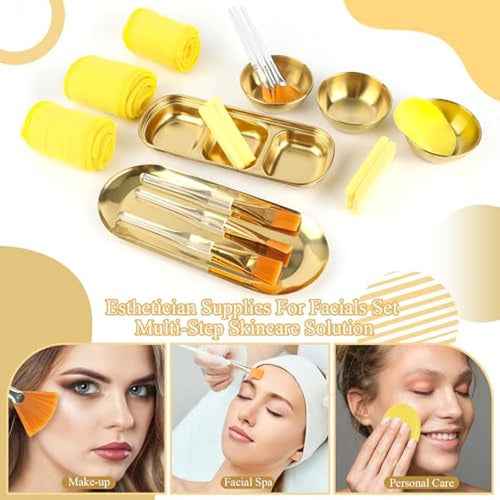 26 Pcs Esthetician Supplies 3 Gold Mixing Bowls Gold Small Serving Tray 3 Compartment Serving Tray 3 Facial Fan Brushes 3 Face Mask Applicator Brush 12 Facial Sponge Compressed Round 3 Hair Band