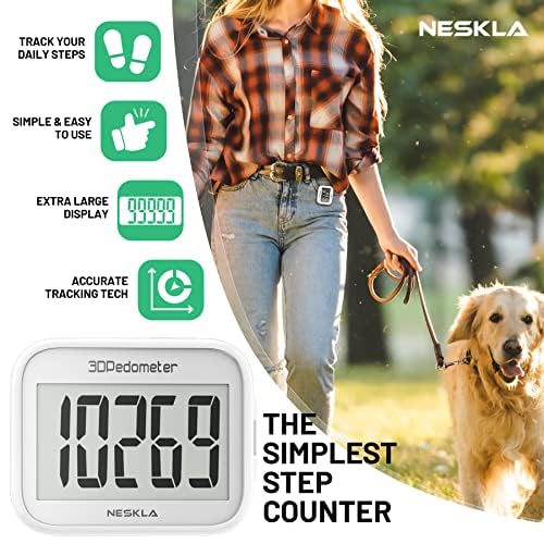 NESKLA 3D Pedometer for Walking, Simple Step Counter for Walking with Large Digital Display, Step Tracker with Removable Clip Lanyard, Accurately Track Steps for Men Women Kids Adults Seniors, White