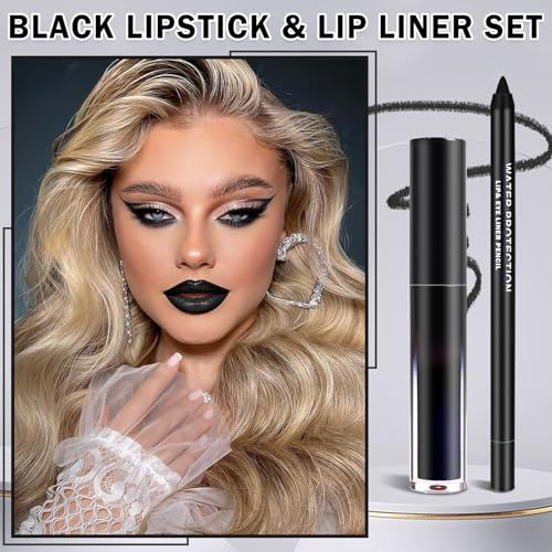 Black Lipstick Black Lip Liner Set Matte Lipstick 2PCS Long Lasting Lip Stain and Lip Liner Set for Halloween Cosplay Goth Makeup
