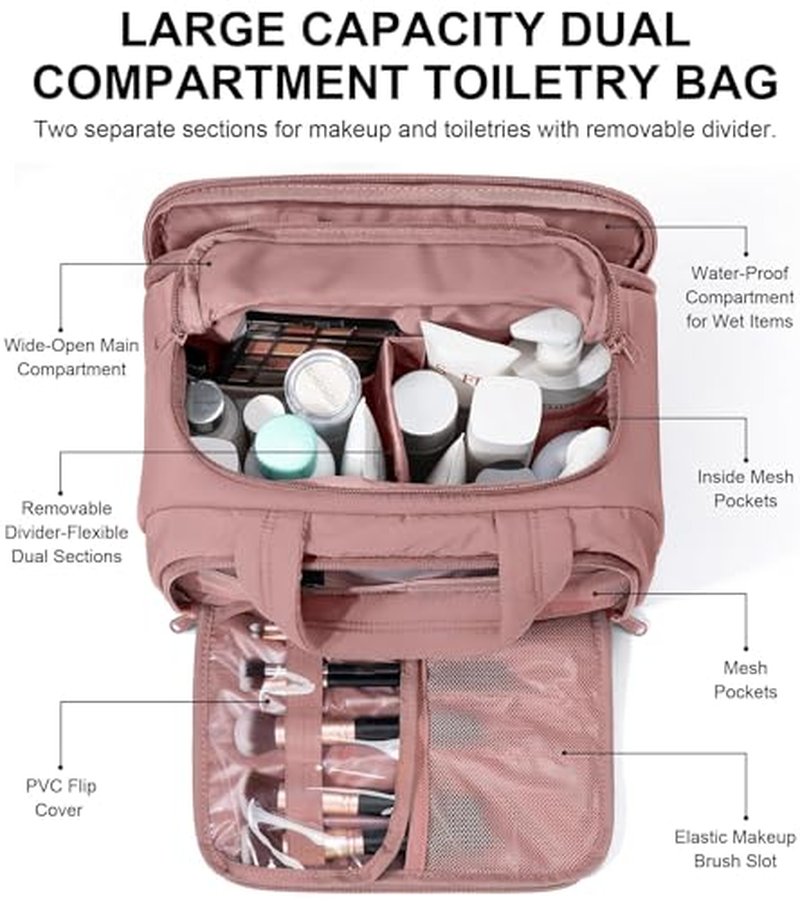 Bagstellar Travel Toiletry Bag for Women, Large Makeup Organizer Dark Pink