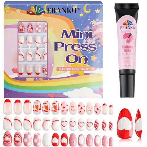 EBANKU 3 Pack Kids Press-On Nail Kit with Heart & Love Patterns, 78 Fake Nails for Girls