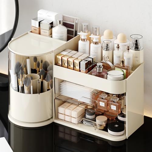 Large Cosmetic Organizer with Rotating Brush Holder & Drawers