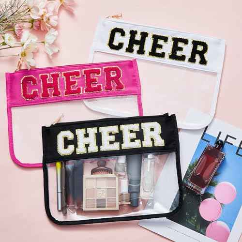Aliceset 12 Pcs Cheer Chenille Letter Bags, Clear Makeup Cosmetic Bag for Cheerleader Gifts, Preppy Patch Zipper Pouch, Waterproof PVC Travel Toiletry Organizer Women Girls (Black, White, Hot Pink)