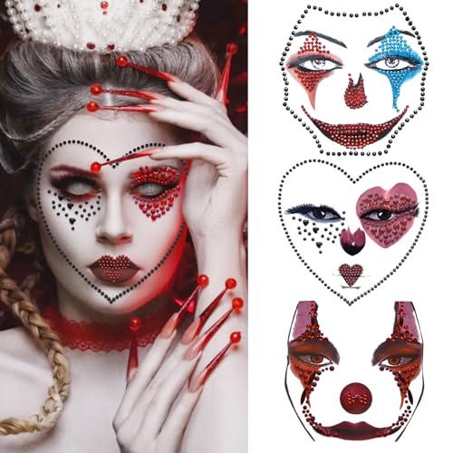 3 Pcs Clown Face Gems Jewels Makeup Sticker 3D Gemstone Face Stickers Scary Clown Rhinestone Face Jewel Glitter Sticker Temporary Tattoos for Halloween Carnival Day of the Dead Party Decoration