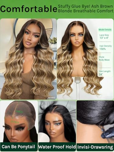 KLAIYI 13x4 Lace Front Honey Blonde Body Wave Wig 16" Glueless