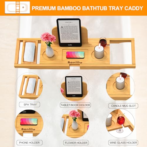 Expandable Bamboo Bathtub Tray with Non-Slip Grips
