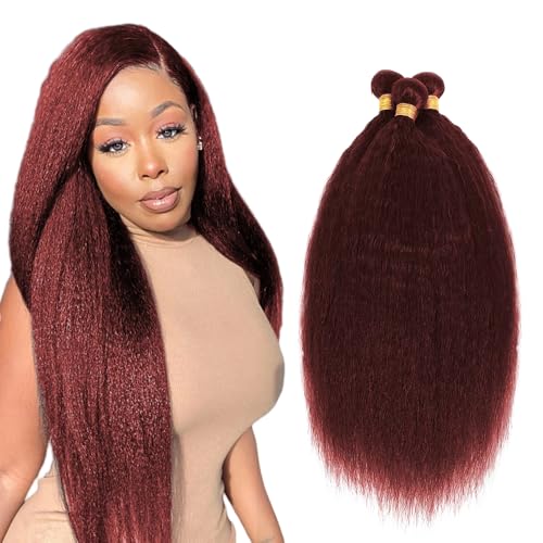 #99J Burgundy Yaki Straight Human Hair Bundles - 30/32/34 Inch