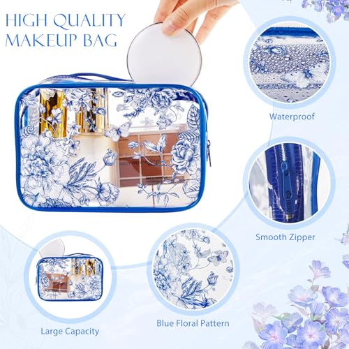 Set of 10 Clear Floral Cosmetic Bags PVC Makeup Bags Waterproof Travel Organizer Toiletry Pouches for Wedding Birthday Baby Shower Party Ideal Gift for Women Nurse Bridesmaid(Blue)