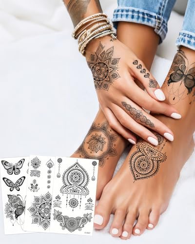 Black Henna Temporary Tattoos - 10 Sheet Mandala Flower Design