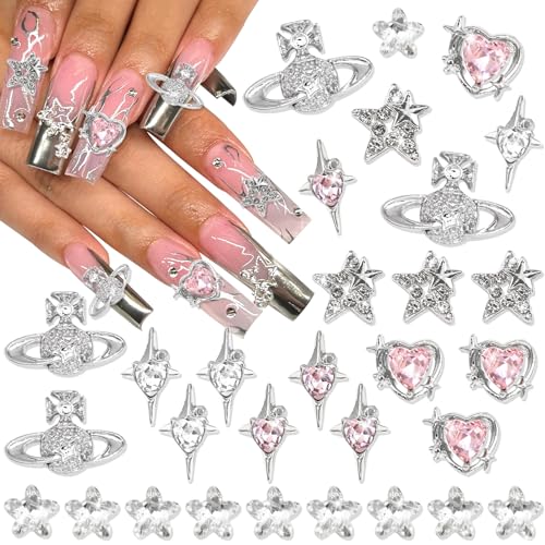 RODAKY 30PCS Star Nail Charms 3D Planet Charms for Nails Pink Crystal Heart Nail Art Jewelry Shiny Starlight Nail Gems Rhinestone Y2K Nail Decoration for Women Manicure DIY