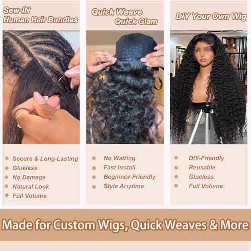 12A Deep Wave Bundles Human Hair 12 14 16 Inch Deep Wave Bundles 100% Unprocessed Brazilian Virgin Wet and Wavy Human Hair 3 Bundles Quick Weave Bundle for Women