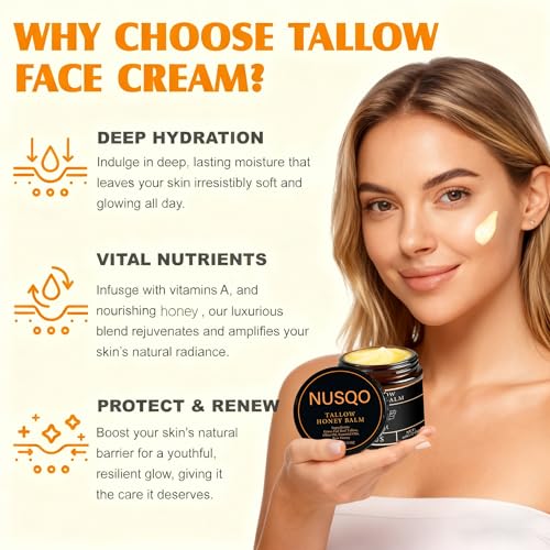 Organic Grass-Fed Beef Tallow Balm with Raw Honey - Moisturizing Cream for Soft, Smooth Skin - Tallow and Honey Balm for Face,Natural Formula for Dry & Sensitive Skin (2)