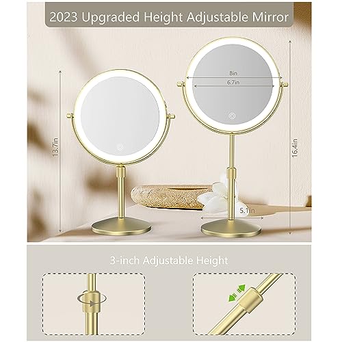 8" Lighted Makeup Mirror, 1X/10X Magnification Mirror with Lights, Double Sided Dimmable Mirrors, Rechargeable & Brightness & Height Adjustable, Cordless Vanity Mirror(Gold)