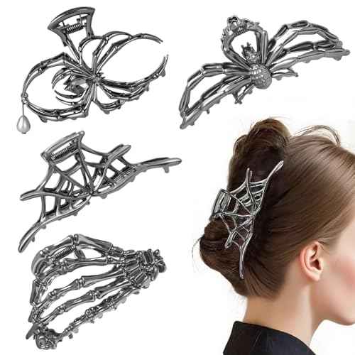 4Pack Claw Clips Hair Accessorie Metal Black Spider Web hair clips Skeleton Hand Skull Hair Clips for Women And Girls,Goth Accessories for Thick Hair, Halloween Christmas Gift.(Black 4Pcs)