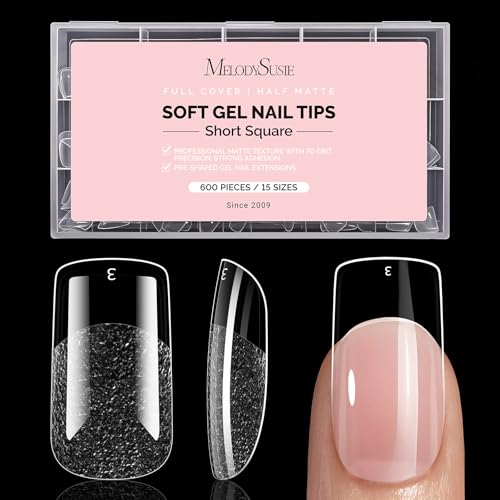 MelodySusie Short Square Nail Tips 600Pcs 15 Sizes – Strong Adhesion, Pre-Etched