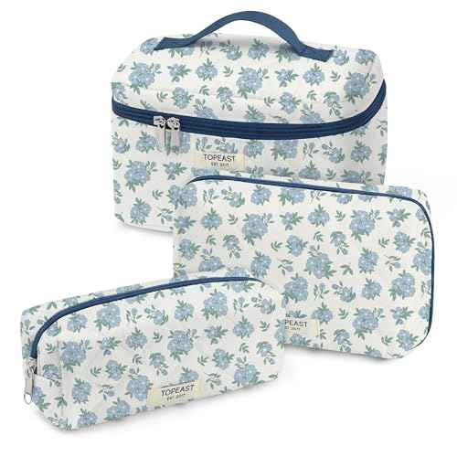 TOPEAST Makeup Bag for Women Girl, 3Pcs Large Cotton Travel Make up Bags, Cute Quilted Floral Cosmetic Pouch with Zipper, Potable Brushes Toiletry Bag Sets, Blue Floral