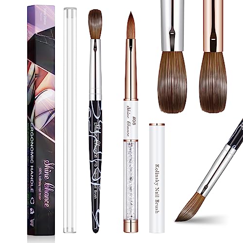 2Pcs Acrylic Nail Art Brushes Size 8 10, 100% Pure Kolinsky Hair Oval Nail Brush for Acrylic Application, Professional Nail Extension Manicure Tool Striping Nail Drawing Pen for Home
