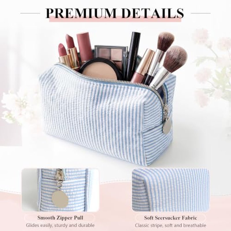 6-Pack Light Blue Seersucker Makeup Bags Set