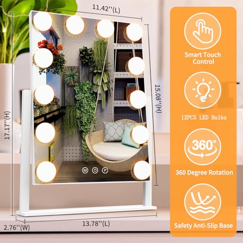 Vanity Mirror with Lights, Hollywood Lighted Makeup Mirror with 3 Color Lighting Modes and 12 Dimmable Bulbs, Detachable 5X Magnification, Smart Touch Control, 360¡ÆRotation, White