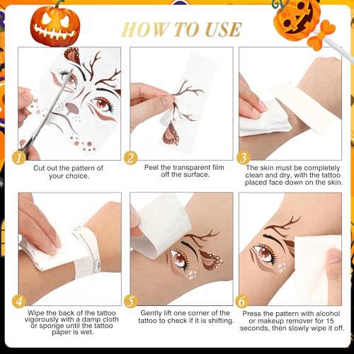 HOWAF 6 Sheets Halloween Deer Face Temporary Tattoos