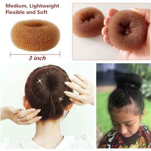 Pack of 2 Medium Hair Bun Maker, Hair Donut Set for Kids Girls Women, Hair Donut Bun Maker Tool for Short and Thin Hair Crown Shapers Accessories (Size M/ 3 Inch, Light Brown)