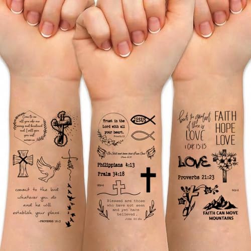 72 Pcs Christian Motivational Bible Verse Quotes Words and Cross Temporary Tattoos For Adults, Inspirational Believe Strength in God Realistic Black English Word Tattoo for Women Men 727
