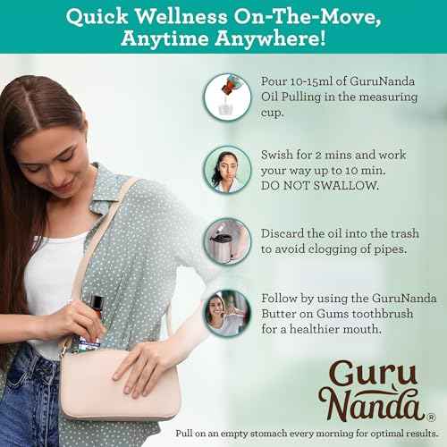 GuruNanda Travel Size CocoMint Oil Pulling Mouthwash, 7 Essential Oils & Vitamins, Promotes Fresh Breath & Happy Gums, No Alcohol & Fluoride, 3 oz