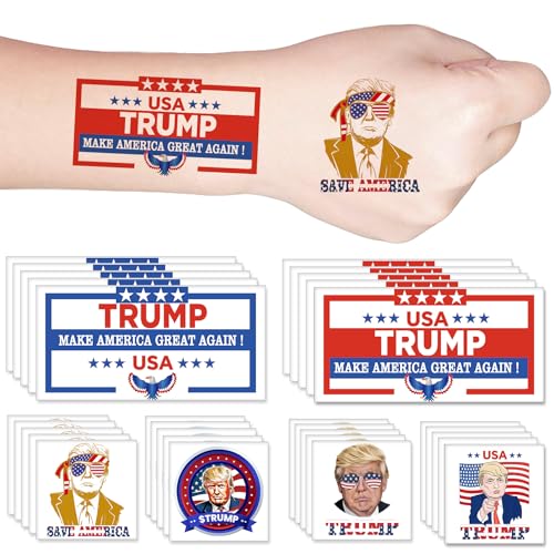 Y&C TENCOB Donald Trump Temporary Tattoos for Adults Teenage Girls Boy, 30 Sheets President 2024 Tattoos Stickers Campaign Party Gag Novelty Gifts Supplies Favors(Trump)