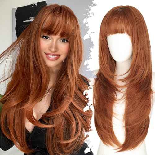 Long Ginger Wig with Bangs for Women,4x4 Realistic Scalp, Free Parting,Layered Hairstyle Synthetic Heat Resistant for Daily Party Use 26 inch