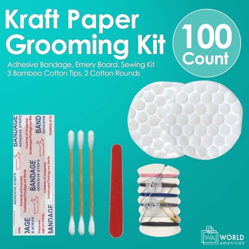 World Amenities Kraft Paper Grooming Kit - Travel Size Toiletries - Cotton Rounds, Bamboo Cotton Tips, Sewing Kit, Emery Board (100 Pack)