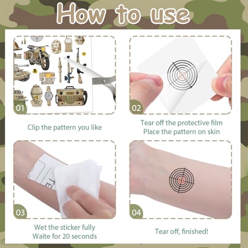 Army Temporary Tattoos - 8 Sheets Military Tattoo Stickers, Soldiers Aircraft Tanks Helicopter Army Birthday Party Prizes Rewards Gifts Party Favors