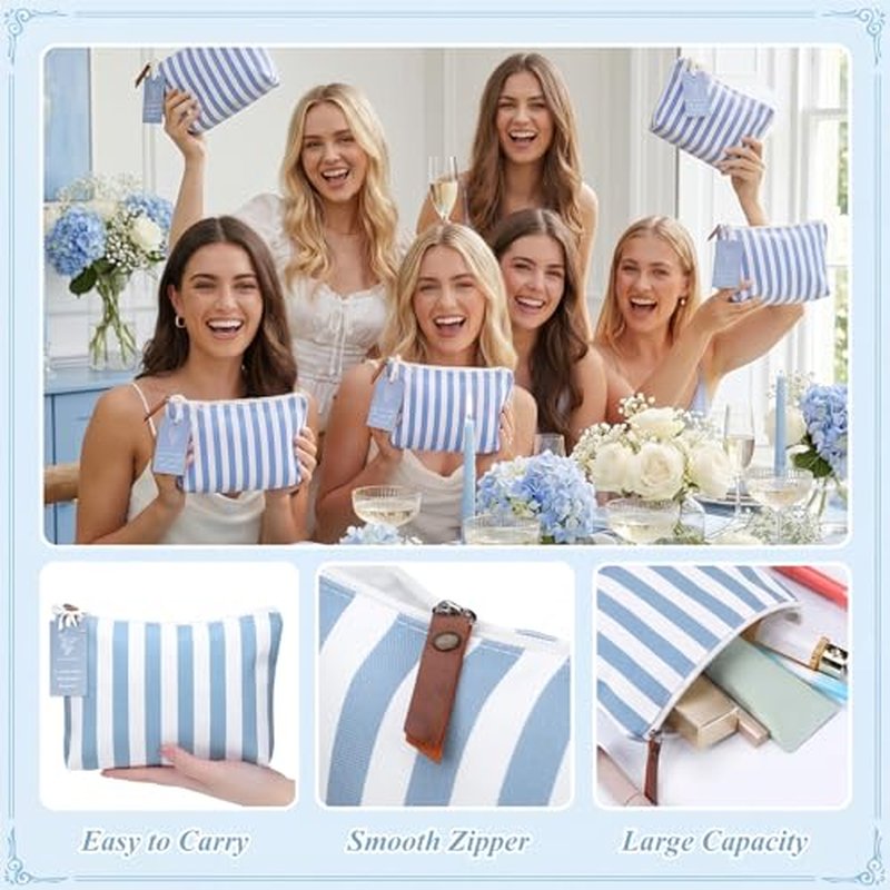 6-Piece Bridesmaid Proposal Gift Set – Blue Striped Makeup Bags, Socks & Brush