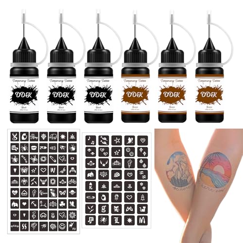 Temporary Tattoo Kit with 6 Ink Bottles & 64 Stencils