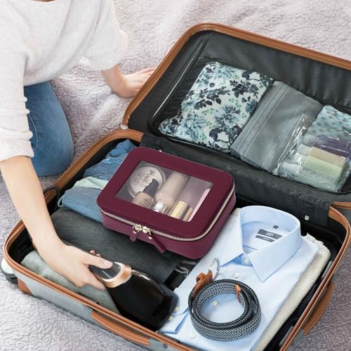 Clear Makeup Bag Set Travel Cosmetic Bag and Toiletry Bag Women's Purse Pouch Cosmetic Stroage Organizer Case with Zipper Car Essentials (Burgundy, M+Mini)