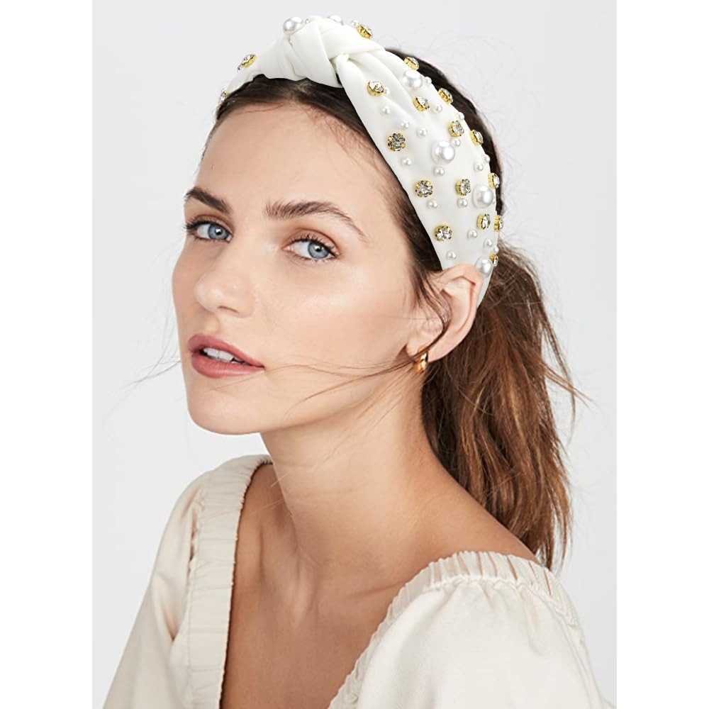 Atoden White Wide Top Knot Headband with Pearl Rhinestone for Women's Hair Embellished Headbands Sparkly Hair Bands