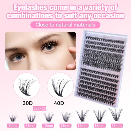 DIY Lash Extension Kit Eyelash Clusters 9-16mm,280PCS Individual Lashes Kit Perfect for At-Home Use, Beginner-Friendly with Bond Seal Remover and Tweezers (Black, 30D&40D9-16MM NM01)