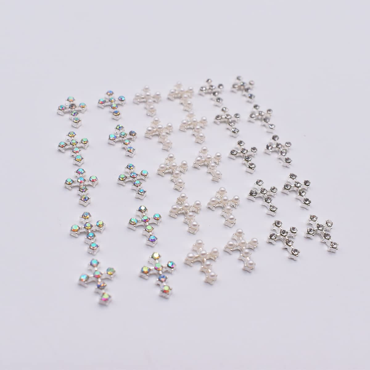 LIFOOST 30pcs Cross Nail Charms for Nail Art Accessory 3D Gold Cross Jewelrys Nail Studs with Flat Back Crystal Nail Art Rhinestones for Women Acrylic Nails Designs (Silver)