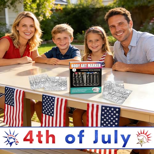 4th of July Temporary Tattoo Markers - 12 Reusable Stencils & 8 Metallic Pens