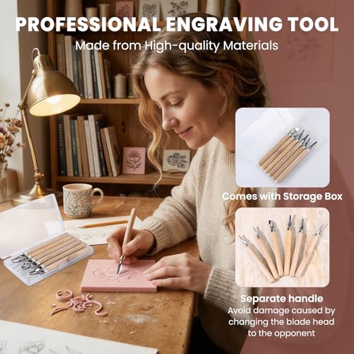 Linocut Kit for Beginners - 12 Linoleum Blocks, 6 Carving Tools & Ink