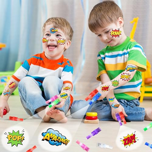 72 PCS Hero Party Favors - 48 PCS Tattoos & 24 PCS LED Finger Lights Combo - Birthday Goodie Bag Fillers, Light Up Toys for Boys and Girls, Party Supplies for Kids
