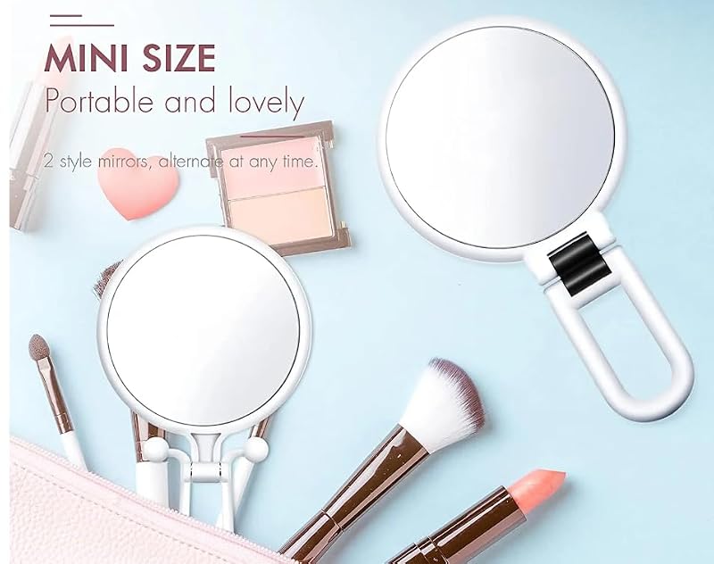 Stianiiie White Handheld Travel Mirror with 5X Magnification & Adjustable Handle