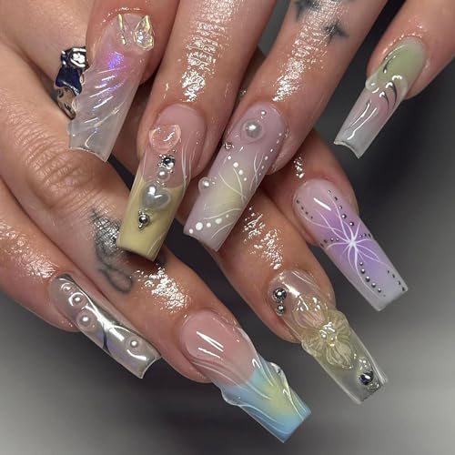 French Tip Press on Nails Long 3D Pearl Fake Nails Colorful Smudge Full Cover Acrylic Nails Square Swirl Glue on Nails Glossy Extra Long Nails Heart Butterfly Stick on Nails for Women 24 Pcs