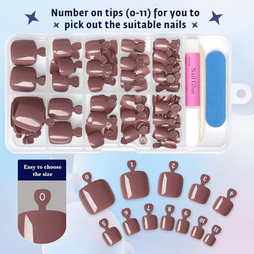144pc Brown Square Press On Toenails Kit with Glue