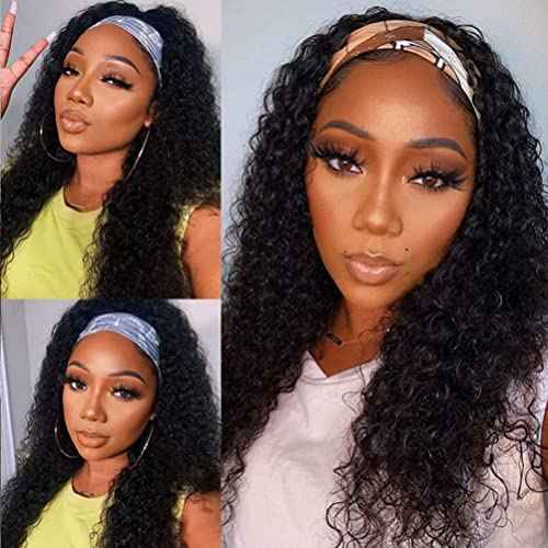 Rebasar Human Hair Headband Wig Deep Wave 18 Inch Curly Headband Wig Human Hair Wigs for Black Women Human Hair Glueless No Lace frontal Brazilian Virgin Hair Black Wear and Go Wig with Headband