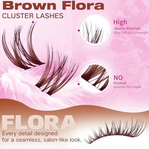 Geeneiya BROWN FLORA Lash Clusters Kit DIY Lash Extension, 8-18MM Wispy Lashes Clusters, Invisible Soft Band Eyelash Extension Kit with Waterproof Lash Bond and Seal, Lash Remover, Tweezers