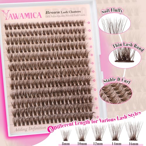 Yawamica 50D Brown Lash Clusters Kit: Fluffy DIY Eyelash Extensions (10-16mm) with Bond & Tweezers