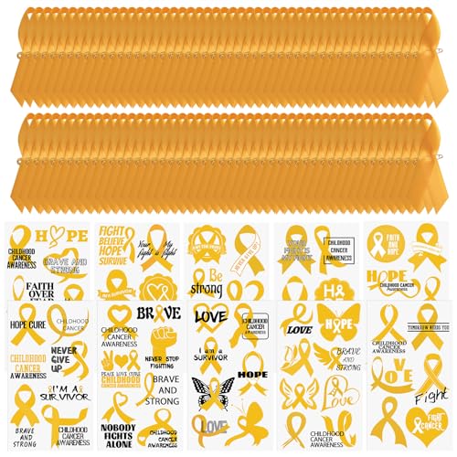 Gold Ribbon Awareness Pins & Tattoos Kit – 100pcs + 10 Sheets