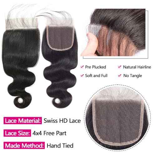 12A Human Hair Bundles with Closure 16 18 20 with 14 Inch Brazilian Body Wave 3 Bundles Human Hair with 4x4 HD Lace Closure 100% Unprocessed Virgin Human Hair Weave