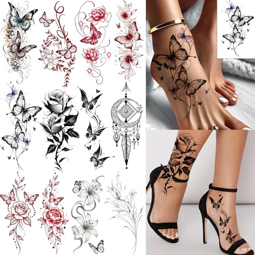 12 Sheets Butterfly Flower Temporary Tattoos for Women